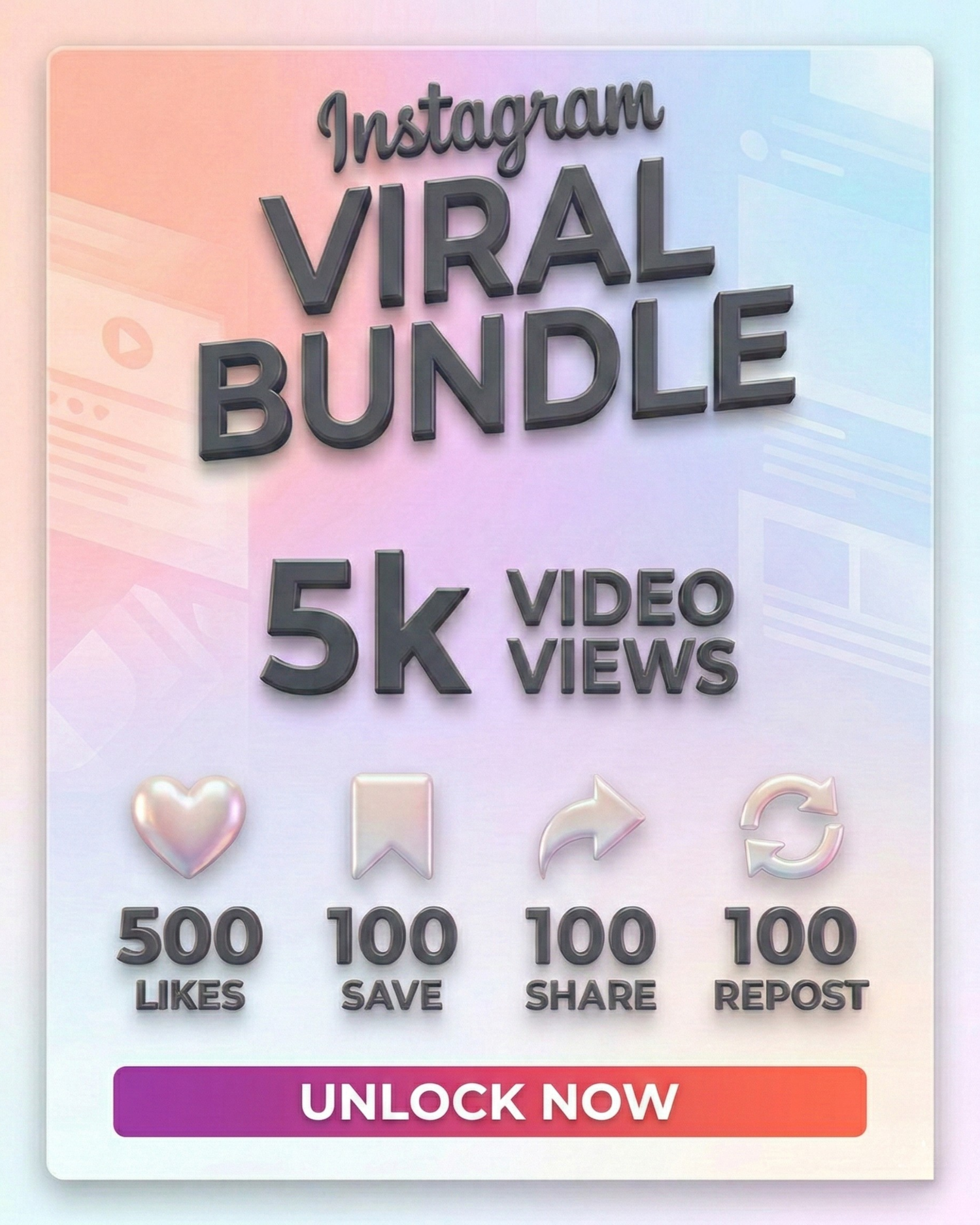 5000 Instagram Video Views, 500 Likes, 100 Share, 100 Save, 100 IG Repost, Viral Bundle Promotion