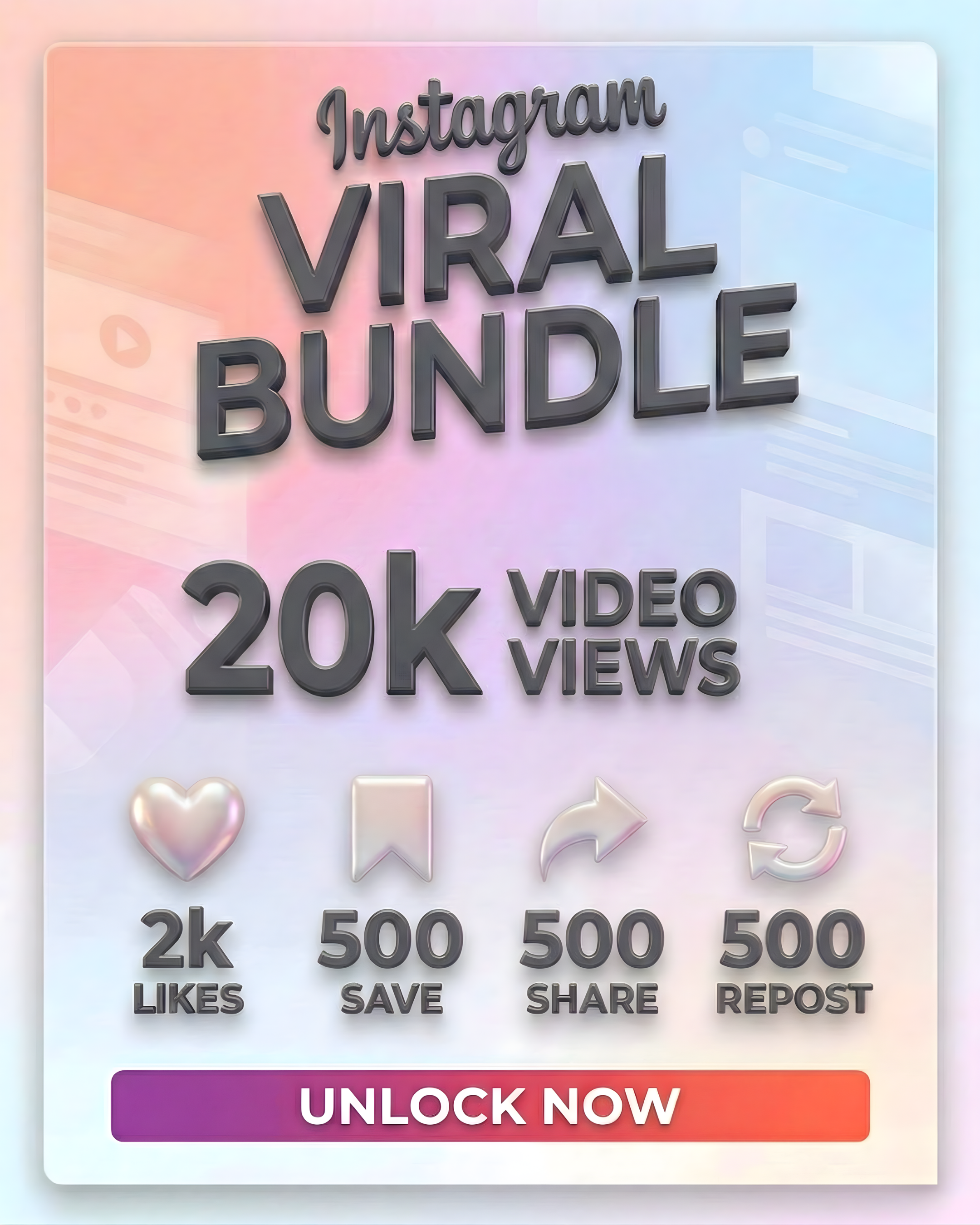 20000 Instagram Video Views, 2000 Likes, 500 Share, 500 Save, 500 IG Repost, Viral Bundle Promotion